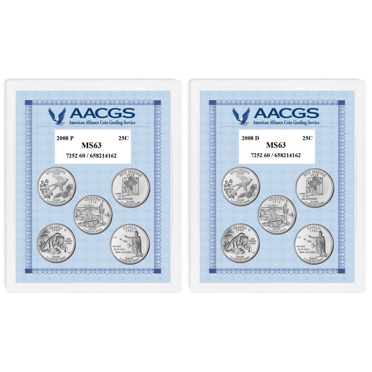 2008P & 2008D Statehood Quarters Graded MS63 Brilliant Uncirculated